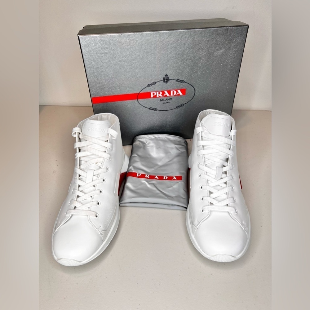 RARE NWT Prada Linea Rossa High Top Sneakers Men’s Tennis Shoes Sz 10 4T288210 - Picture 4 of 10